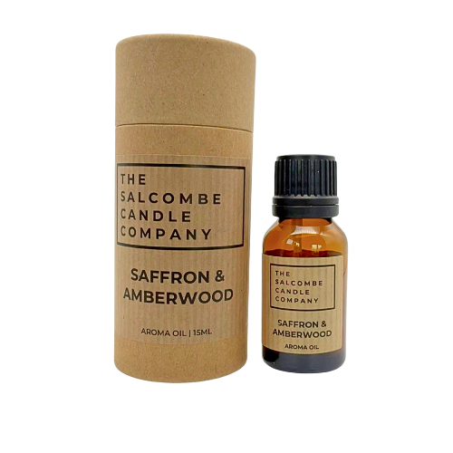 Saffron & Amberwood aroma oil packaging from The Salcombe Candle Company on a white background