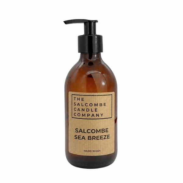 Brown bottle of Salcombe Sea Breeze hand wash from The Salcombe Candle Company on a white background