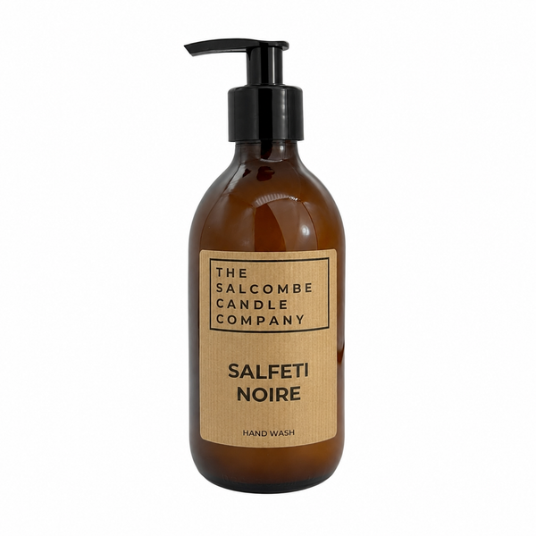Brown bottle with pump and 'The Salcombe Candle Company' label on a white background