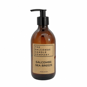 Brown bottle of Salcombe Sea Breeze hand wash from The Salcombe Candle Company on a white background