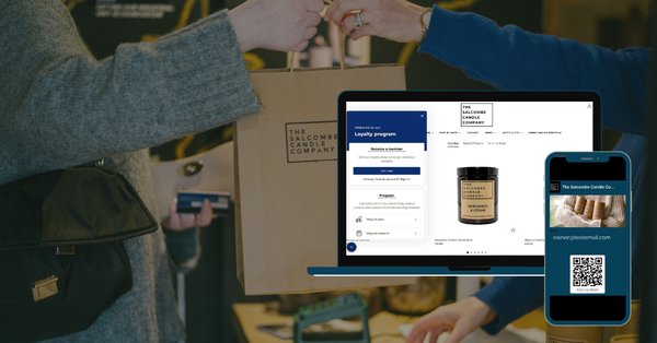 Picture of someone shopping with a picture of a laptop and loyalty card in front of them advertising The Salcombe Candle Company